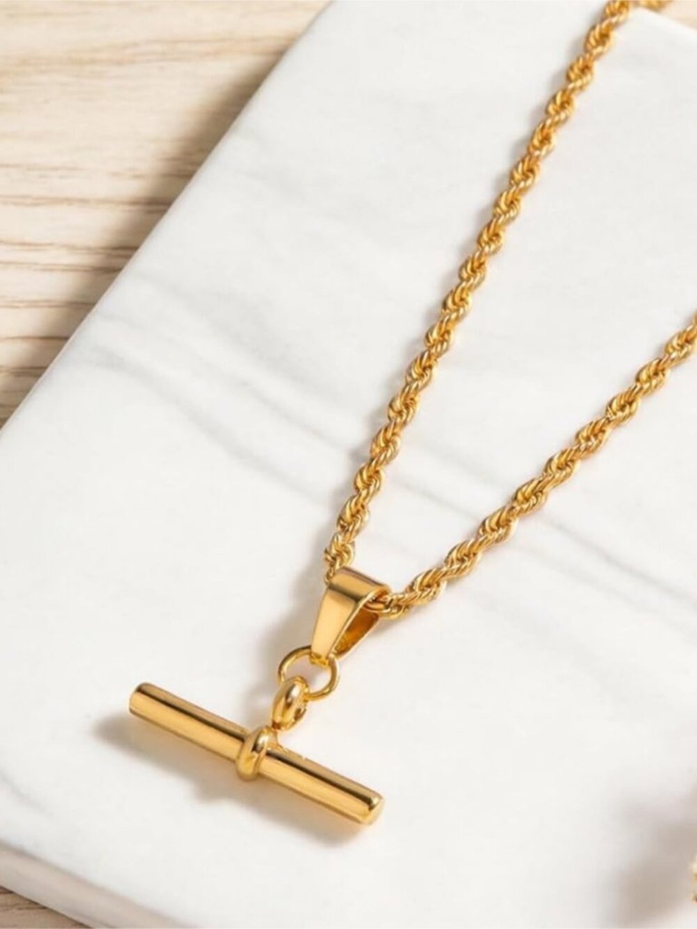Gold T-Bar Rope Necklace - Picture 3 of 4
